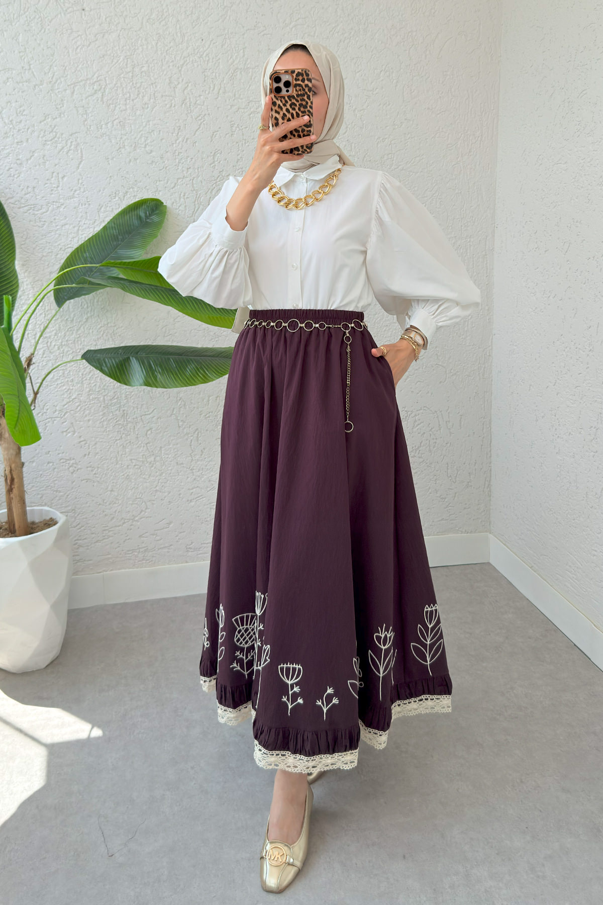 Fisto ve Nakış Detaylı Etek 2329 - VİŞNE ÇÜRÜĞÜ |  