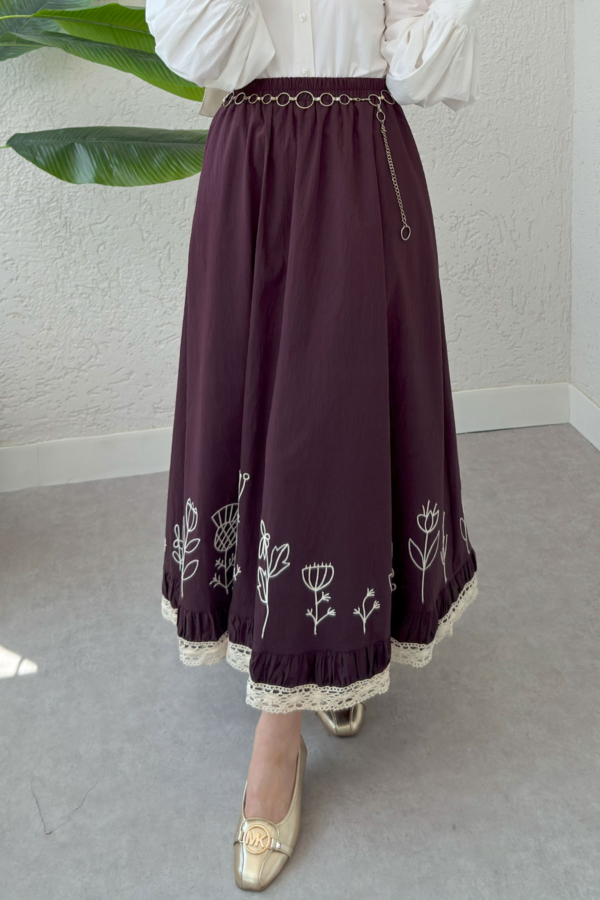 Fisto ve Nakış Detaylı Etek 2329 - VİŞNE ÇÜRÜĞÜ |  