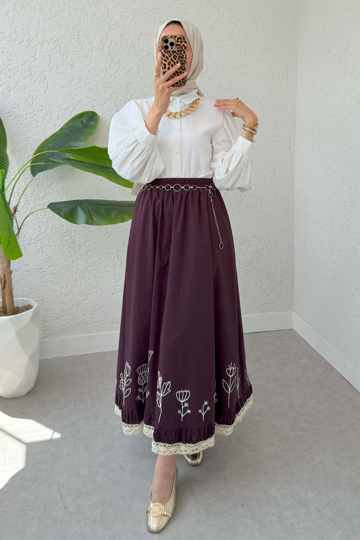 Fisto ve Nakış Detaylı Etek 2329 - VİŞNE ÇÜRÜĞÜ |  