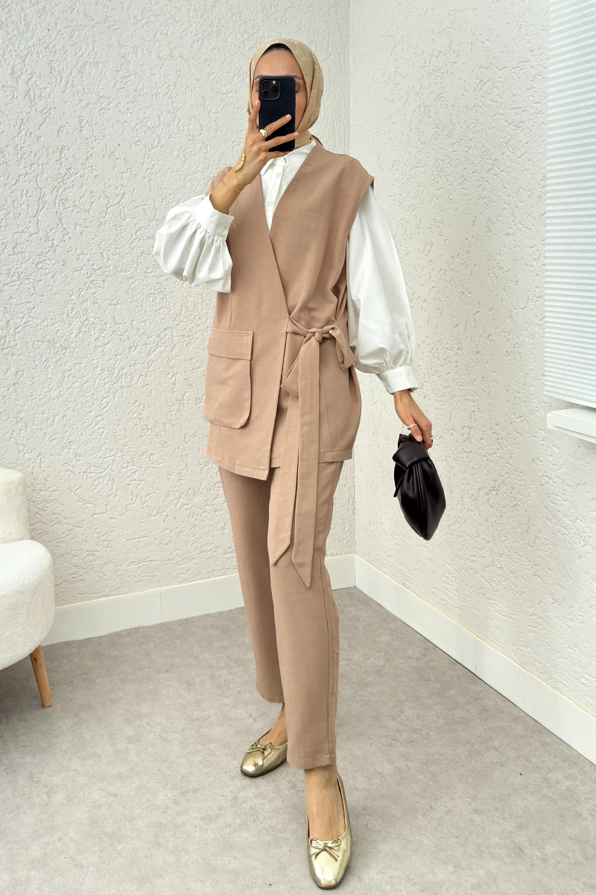 Kuşaklı Yelek Pantolon Takım 2243 - TAŞ RENGİ |  