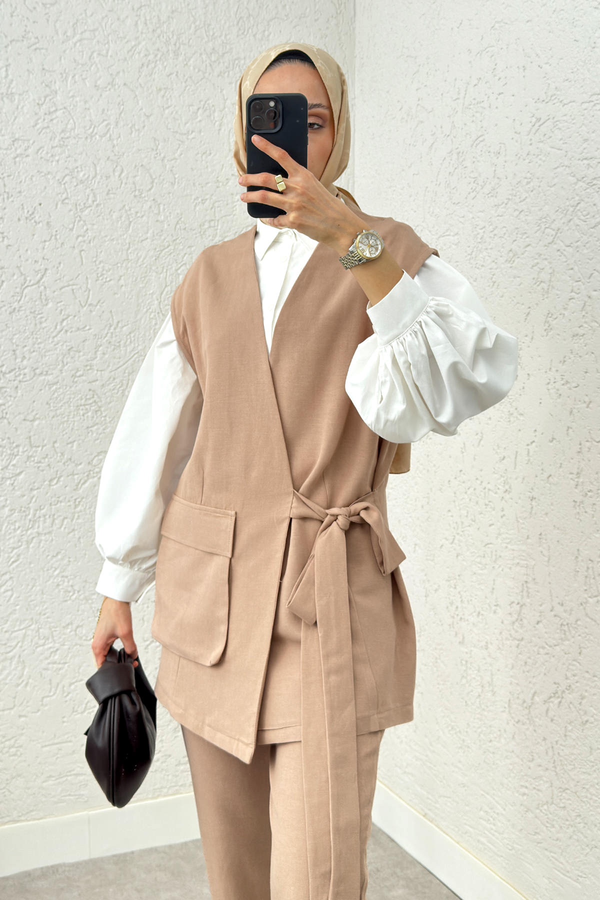 Kuşaklı Yelek Pantolon Takım 2243 - TAŞ RENGİ |  