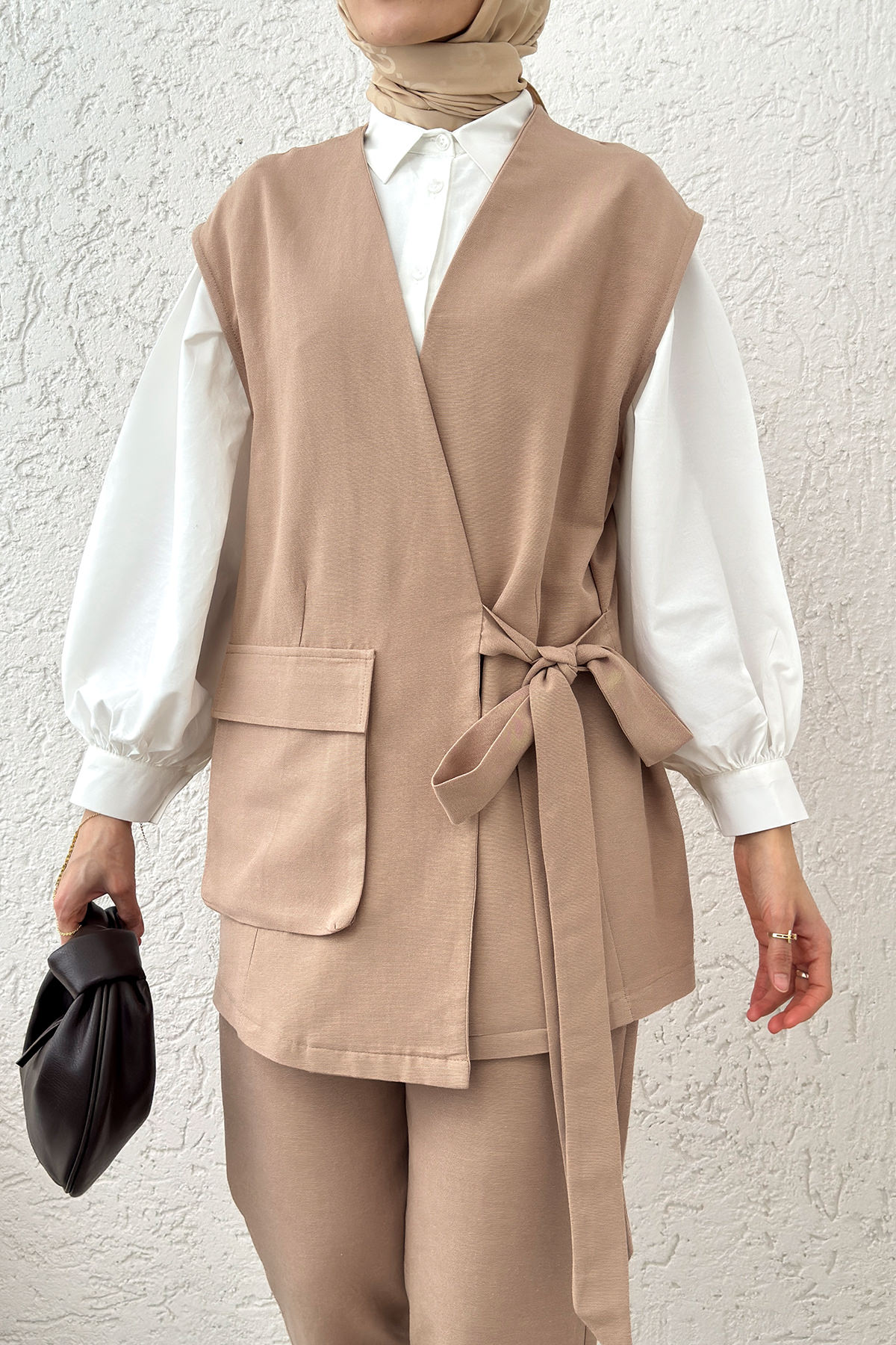 Kuşaklı Yelek Pantolon Takım 2243 - TAŞ RENGİ |  