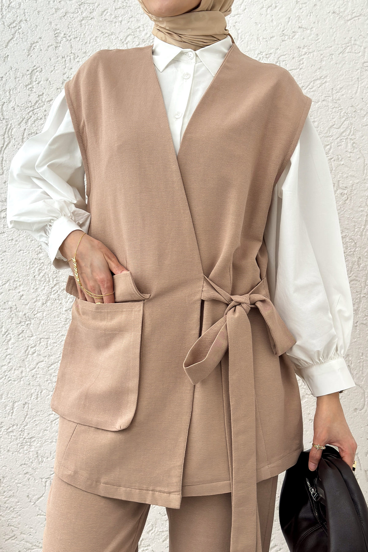 Kuşaklı Yelek Pantolon Takım 2243 - TAŞ RENGİ |  