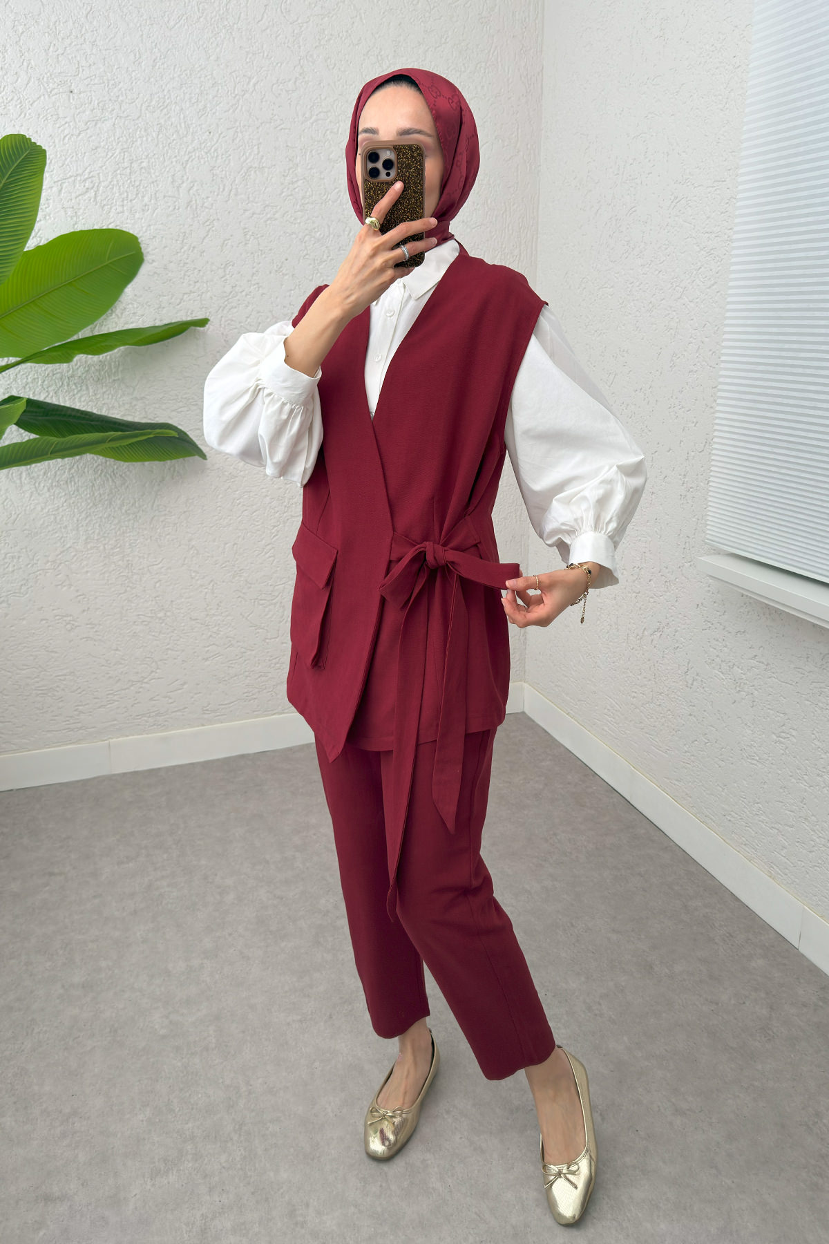 Kuşaklı Yelek Pantolon Takım 2243 - BORDO |  