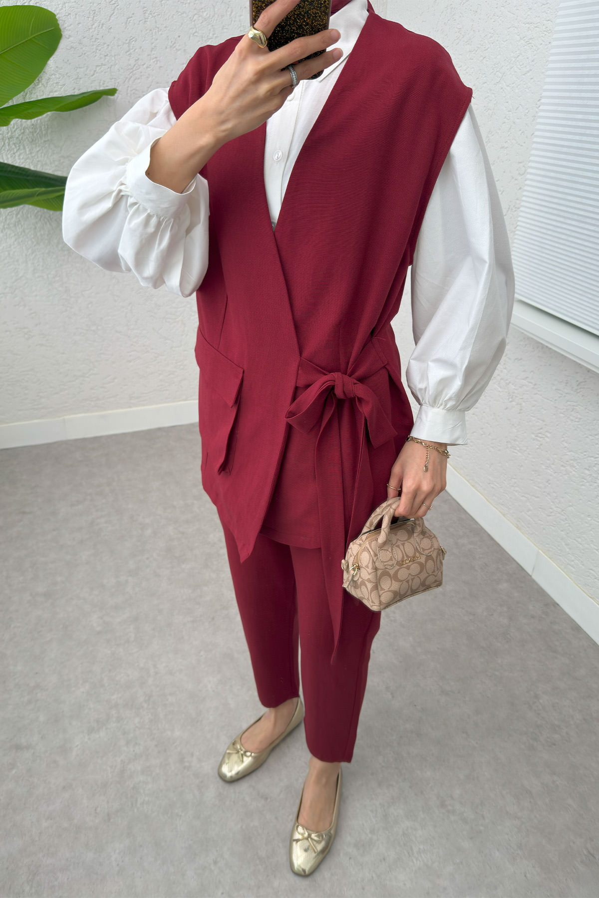 Kuşaklı Yelek Pantolon Takım 2243 - BORDO |  