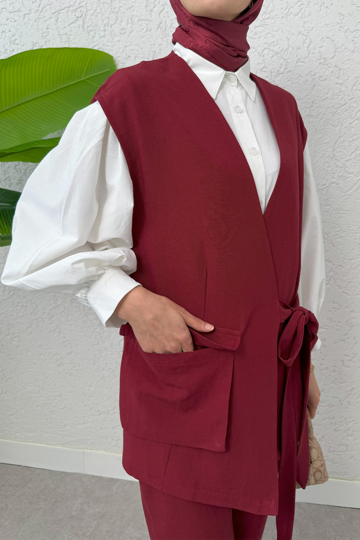 Kuşaklı Yelek Pantolon Takım 2243 - BORDO |  