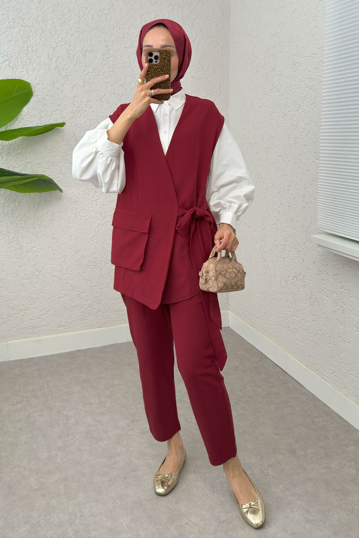 Kuşaklı Yelek Pantolon Takım 2243 - BORDO |  