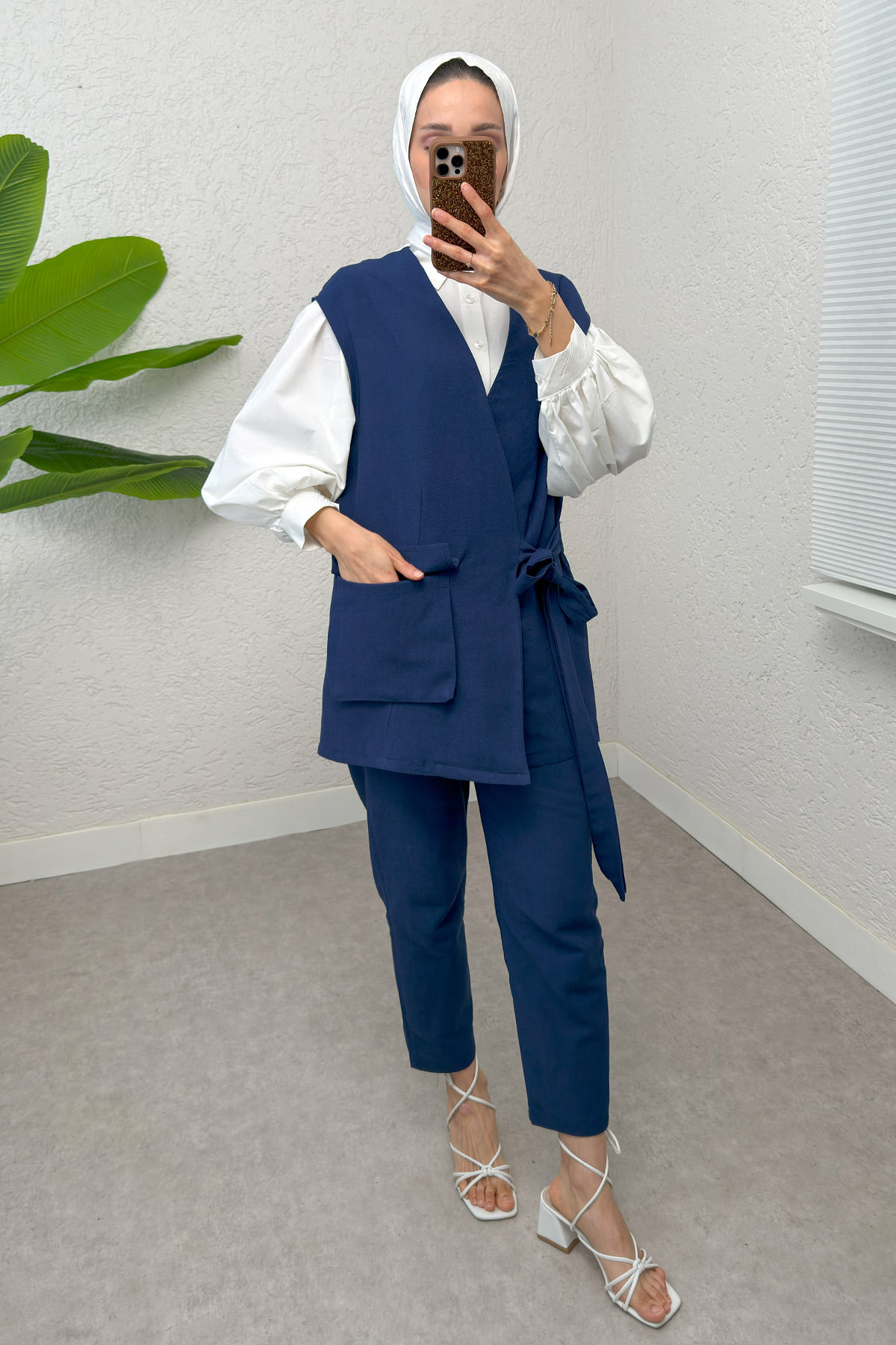 Kuşaklı Yelek Pantolon Takım 2243 - LACİVERT |  