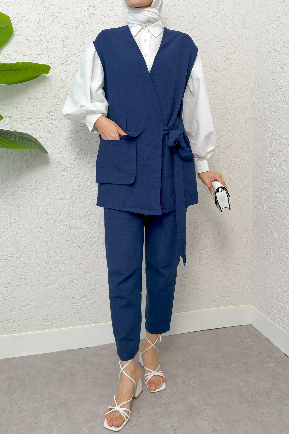Kuşaklı Yelek Pantolon Takım 2243 - LACİVERT |  