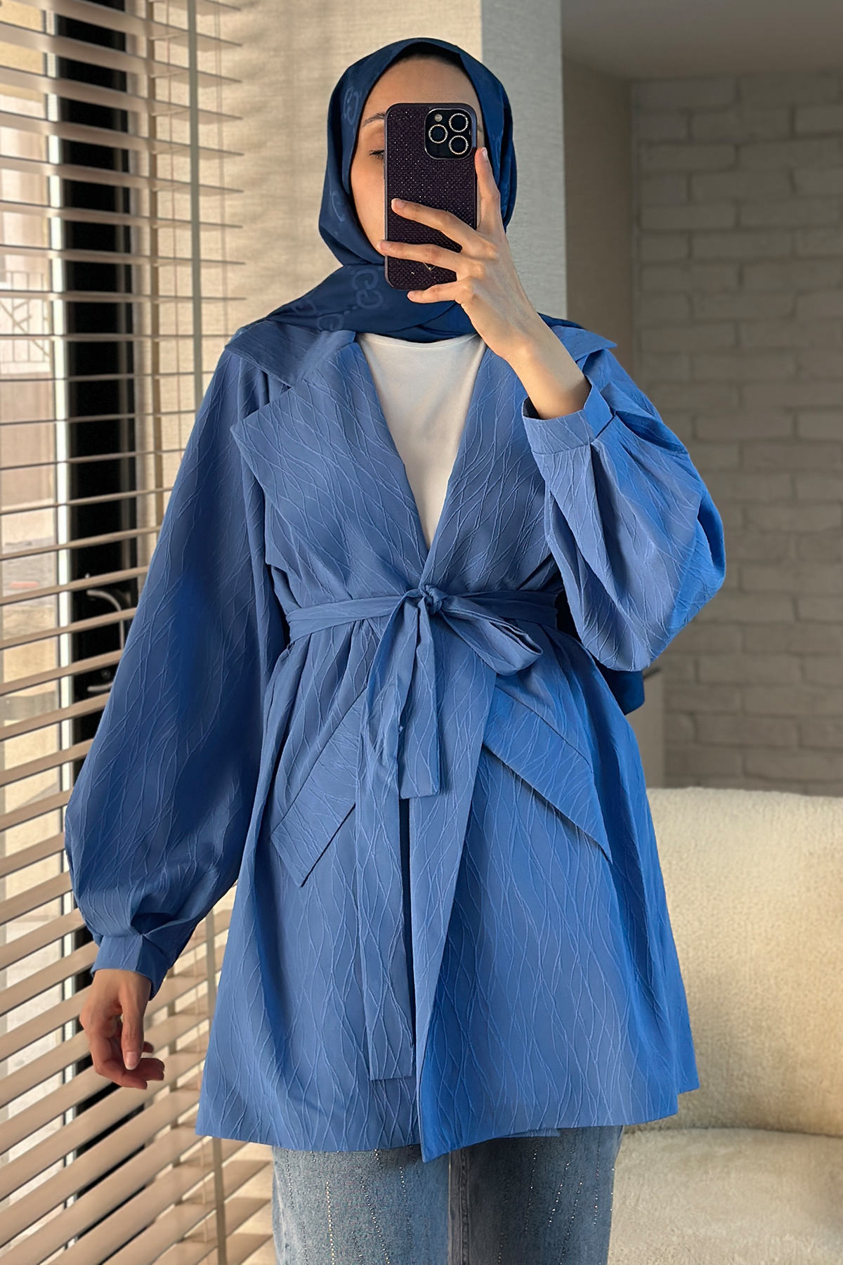 2090 Kabartma Desenli Trençkot - MAVİ |  