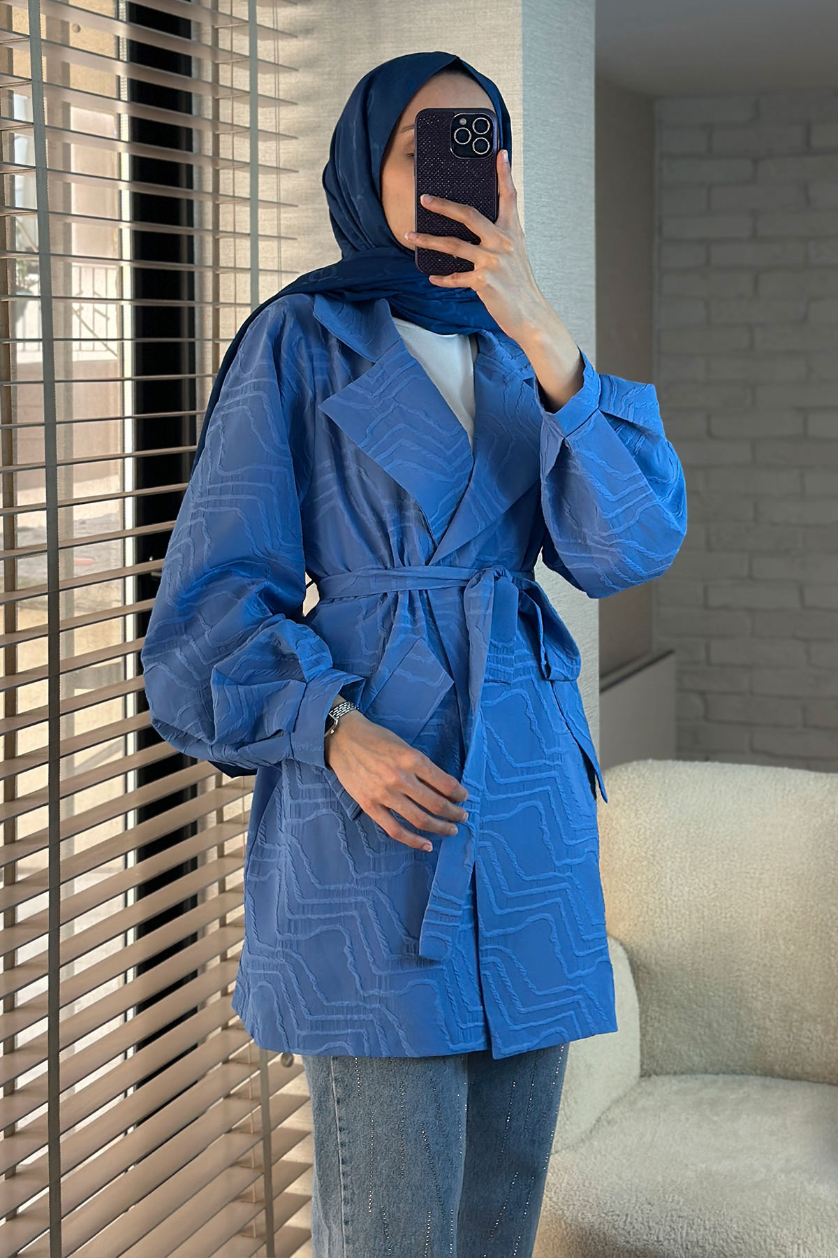 2090 Kabartma Desenli Trençkot - MAVİ |  