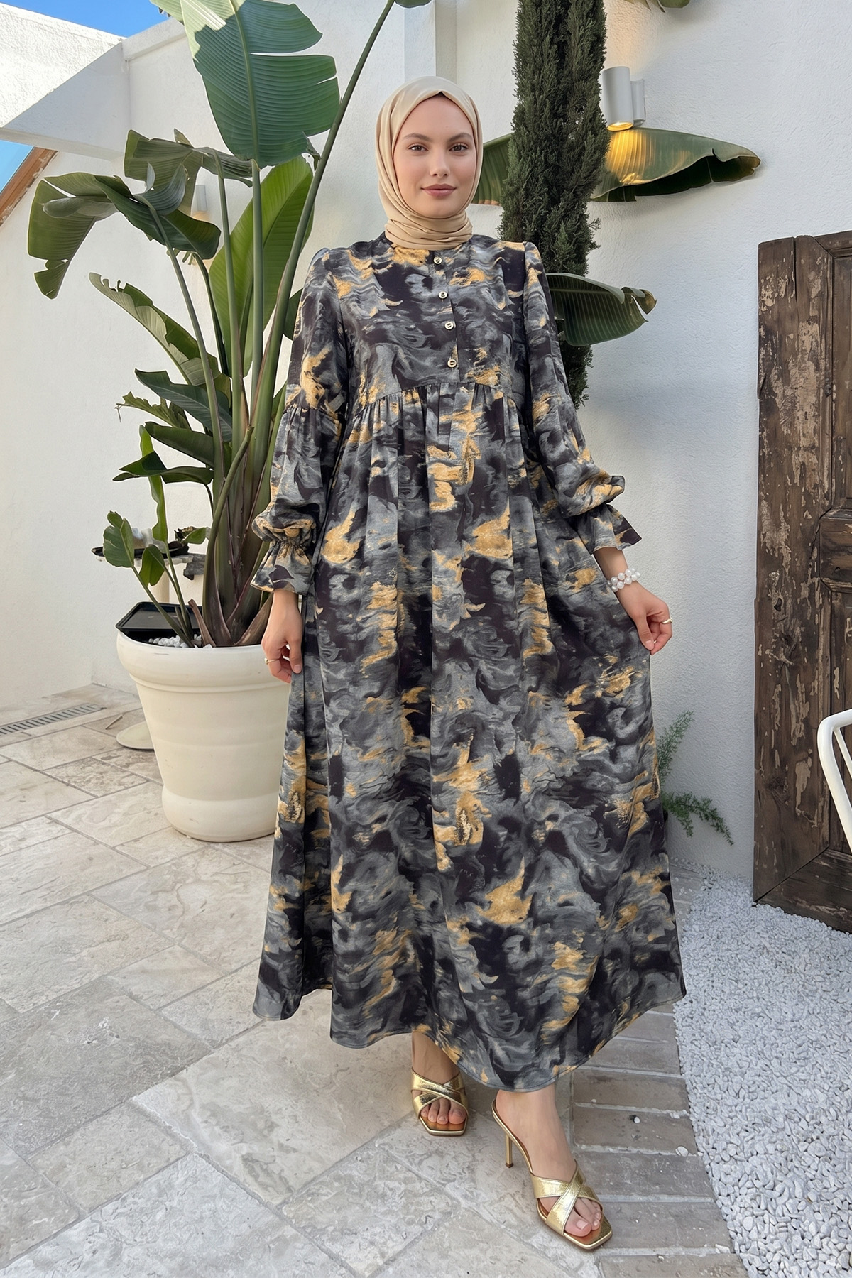 Batik Desen Viscon Elbise 2310 - ANTRASİT |  