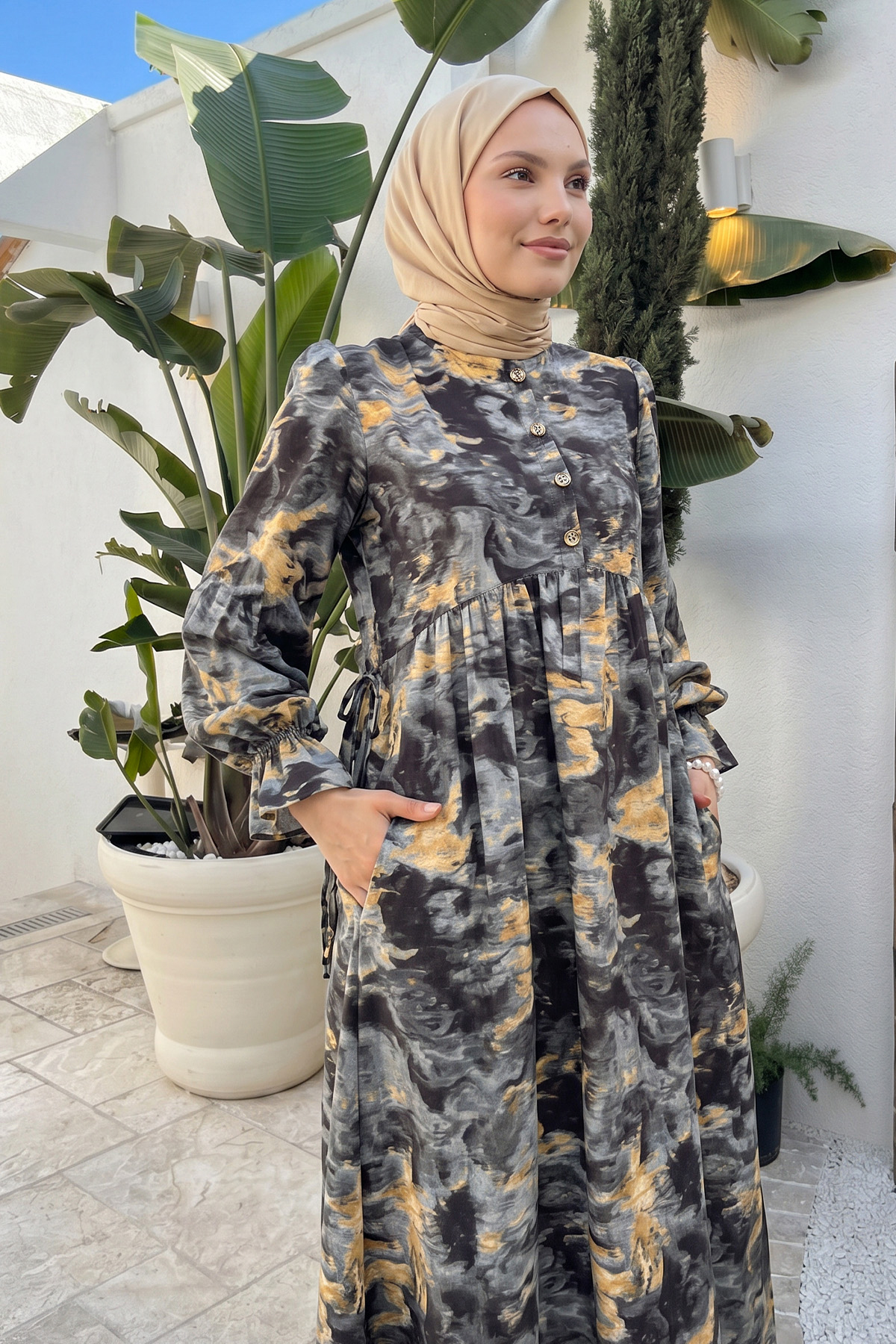 Batik Desen Viscon Elbise 2310 - ANTRASİT |  