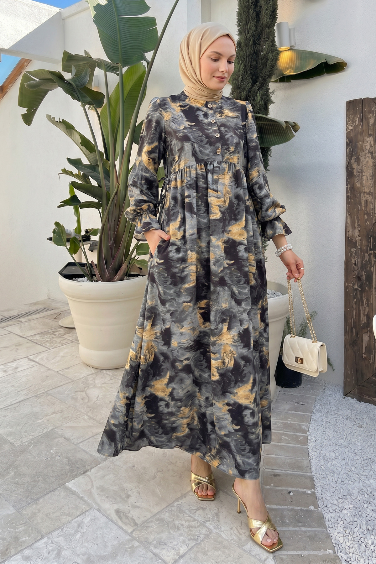 Batik Desen Viscon Elbise 2310 - ANTRASİT |  