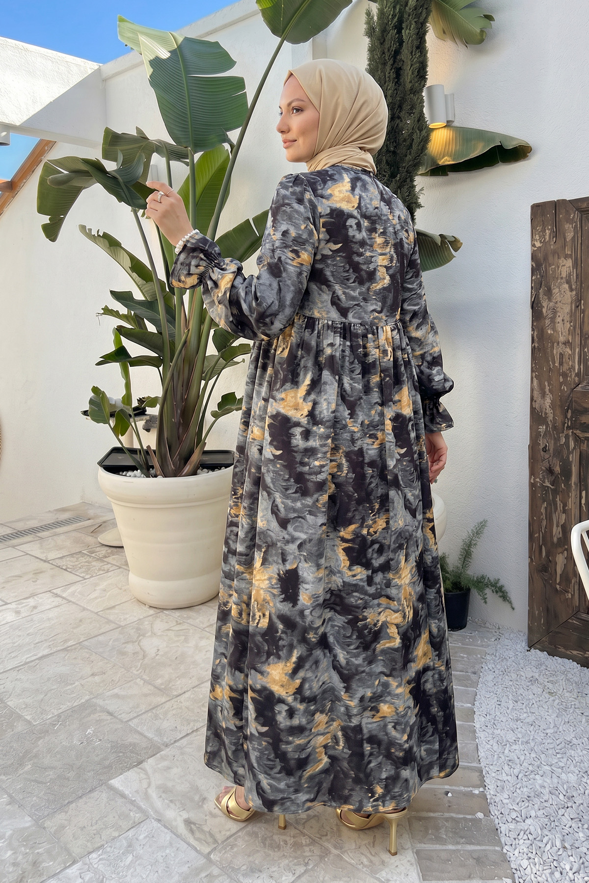 Batik Desen Viscon Elbise 2310 - ANTRASİT |  
