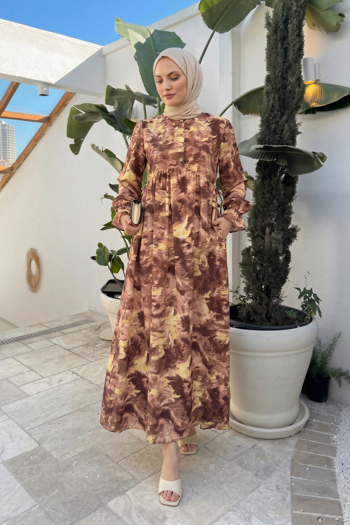 Batik Desen Viscon Elbise 2310 - KAHVERENGİ |  