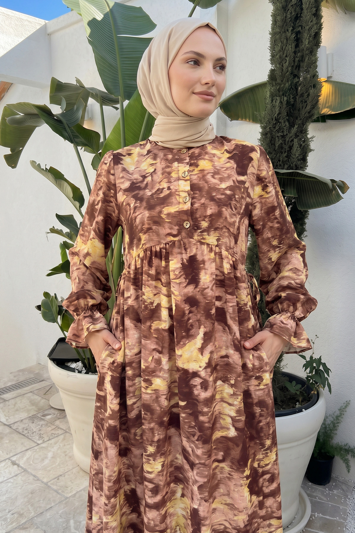 Batik Desen Viscon Elbise 2310 - KAHVERENGİ |  