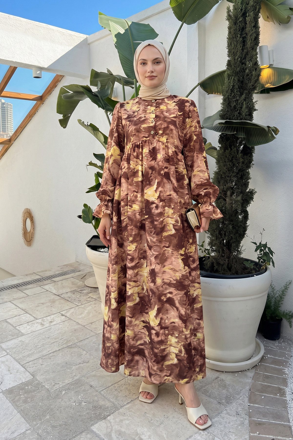 Batik Desen Viscon Elbise 2310 - KAHVERENGİ |  