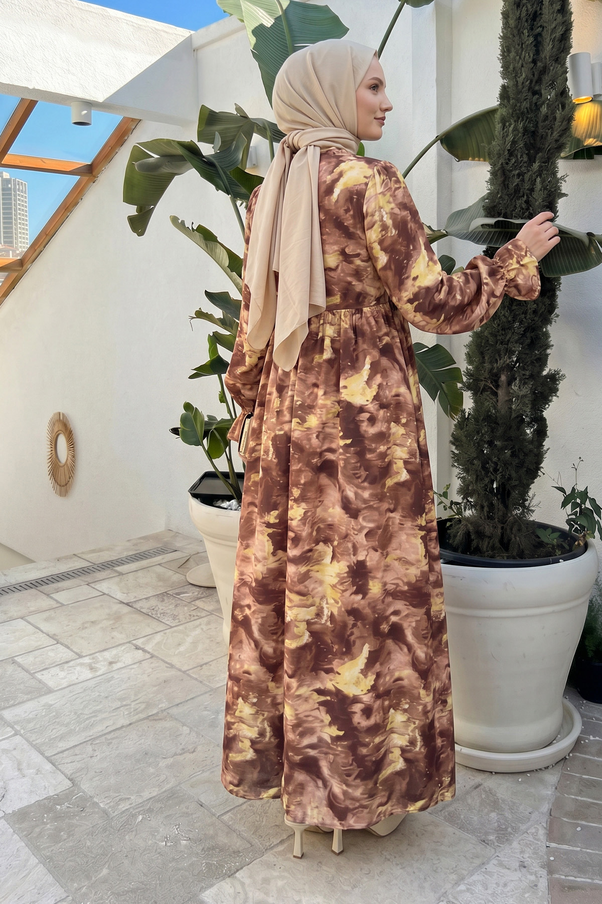 Batik Desen Viscon Elbise 2310 - KAHVERENGİ |  