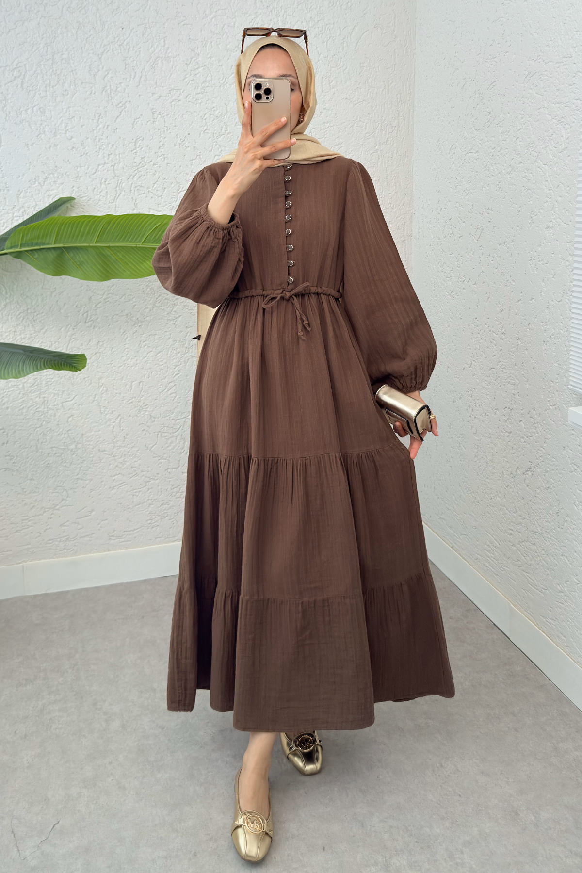 Birit Düğme Detaylı Elbise 2237 - KAHVERENGİ |  