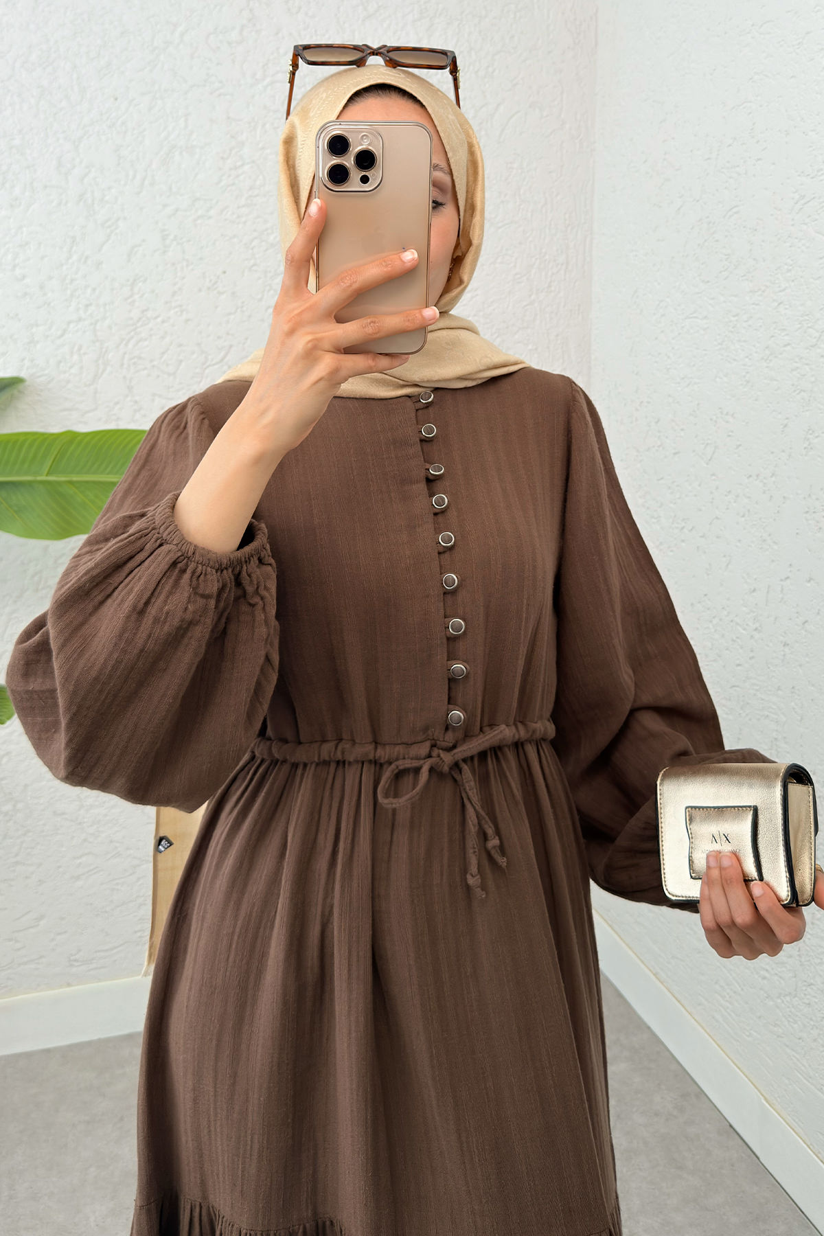 Birit Düğme Detaylı Elbise 2237 - KAHVERENGİ |  