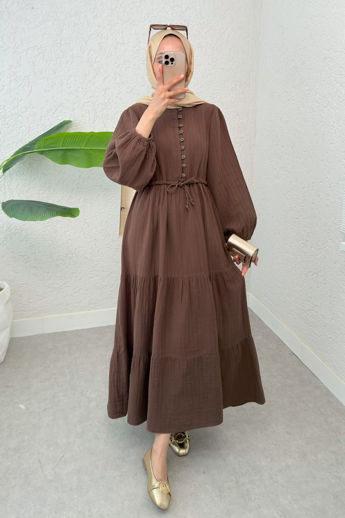 Birit Düğme Detaylı Elbise 2237 - KAHVERENGİ |  