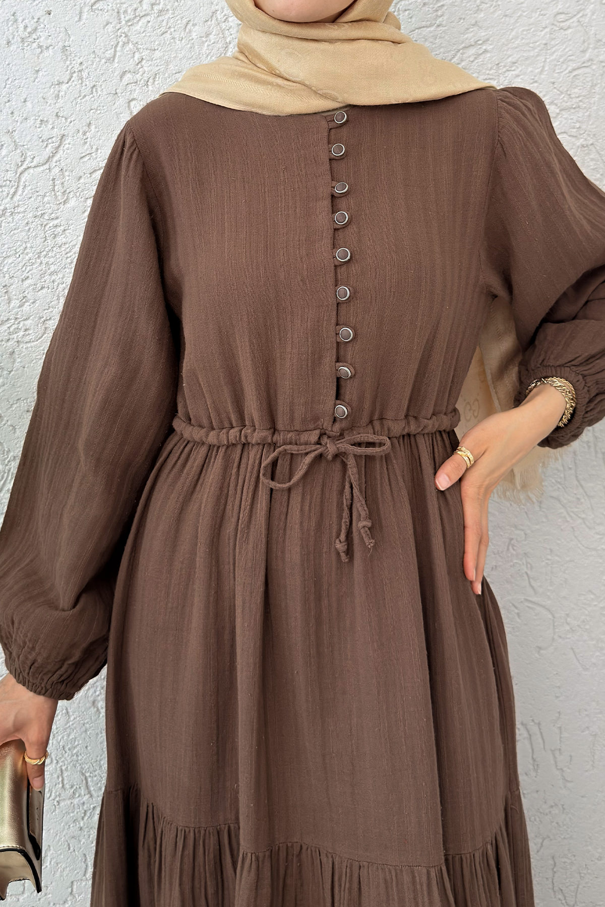 Birit Düğme Detaylı Elbise 2237 - KAHVERENGİ |  