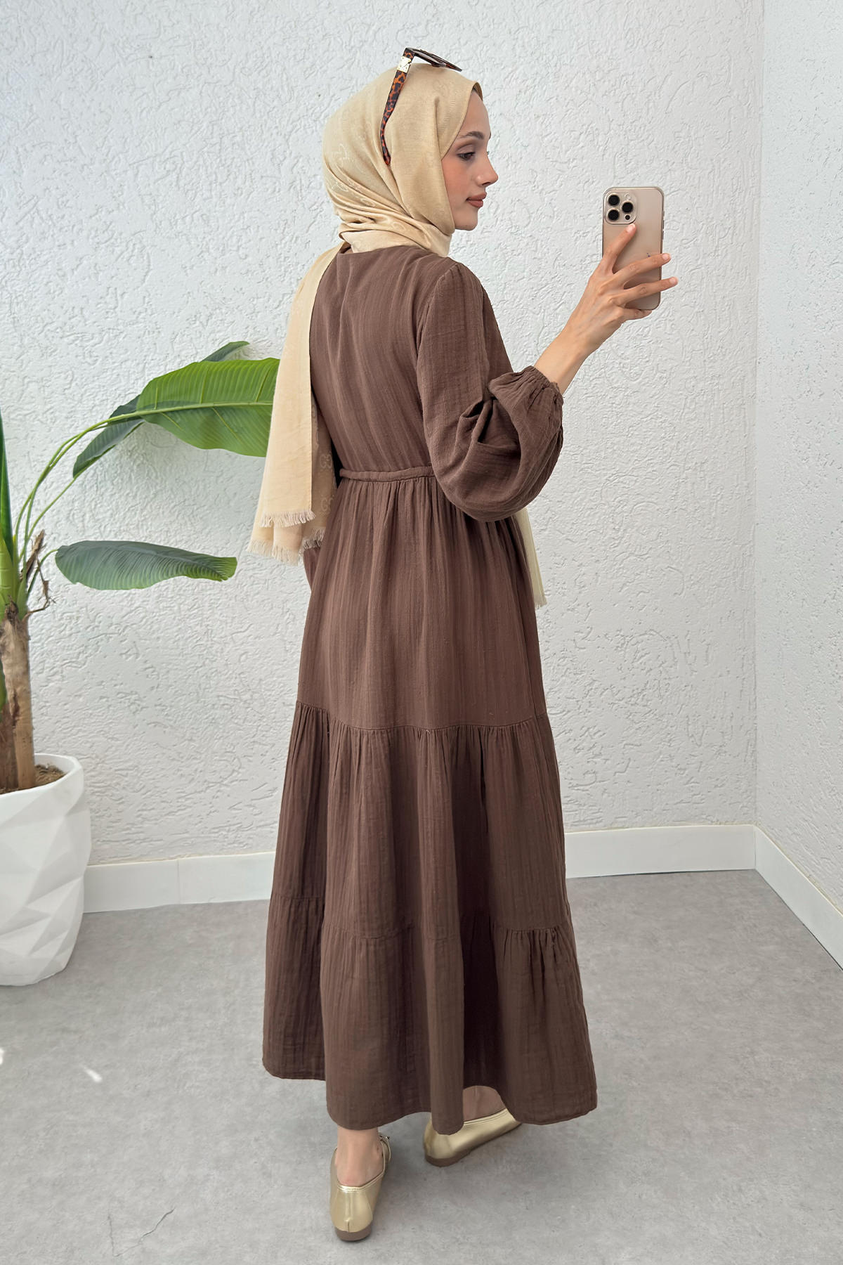 Birit Düğme Detaylı Elbise 2237 - KAHVERENGİ |  