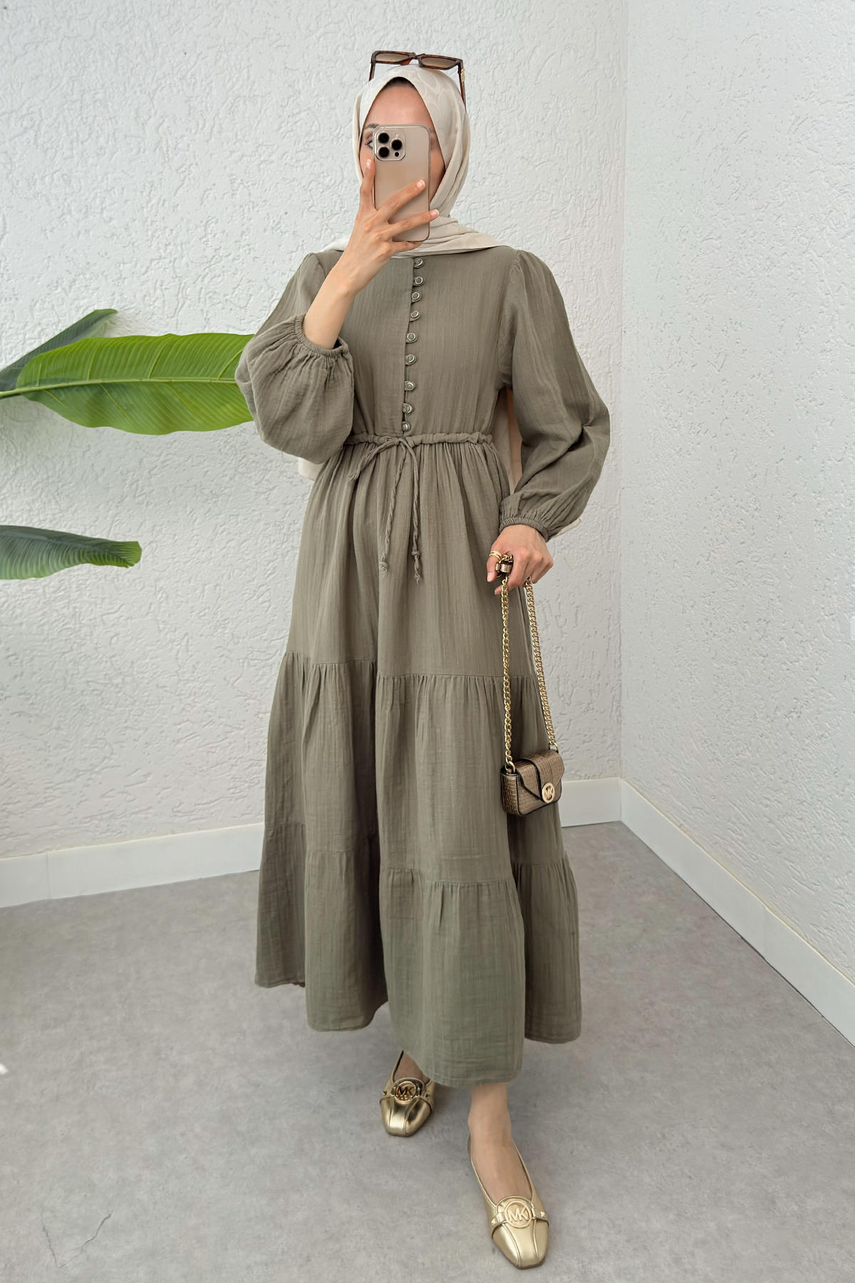 Birit Düğme Detaylı Elbise 2237 - KÜF YEŞİLİ |  