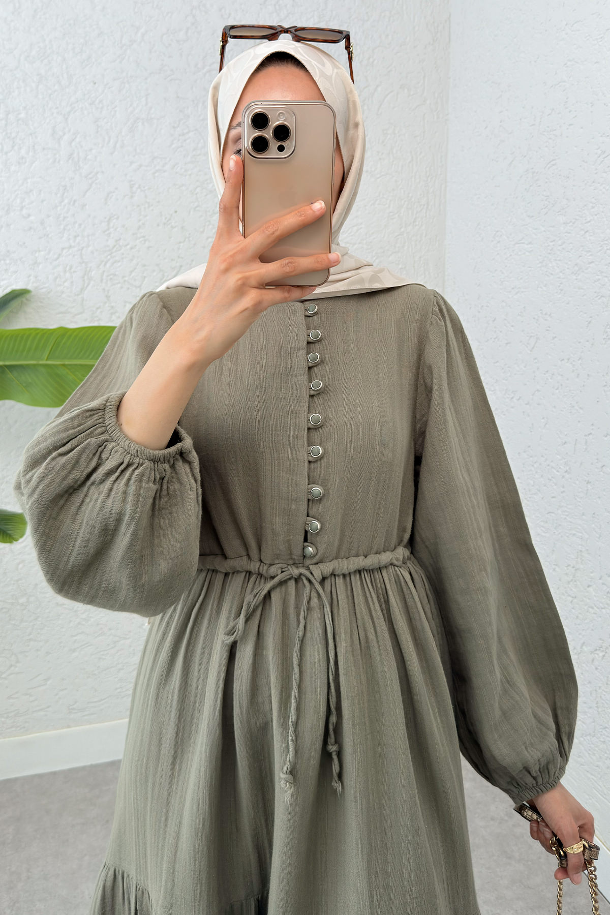 Birit Düğme Detaylı Elbise 2237 - KÜF YEŞİLİ |  