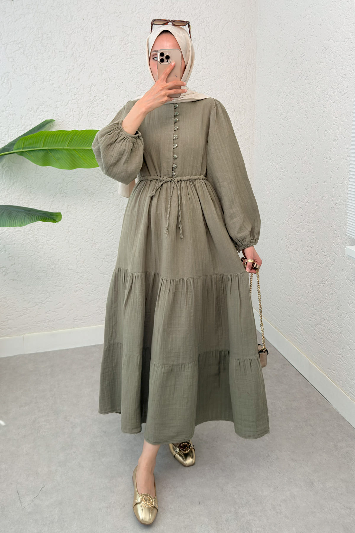 Birit Düğme Detaylı Elbise 2237 - KÜF YEŞİLİ |  