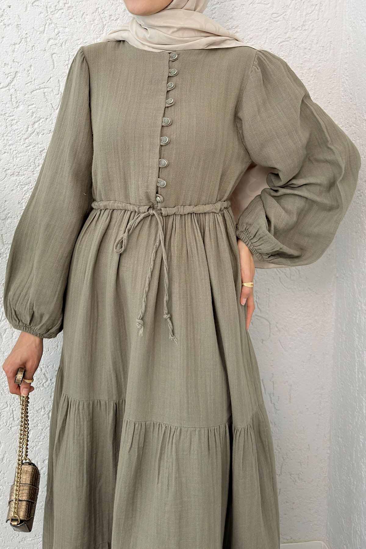 Birit Düğme Detaylı Elbise 2237 - KÜF YEŞİLİ |  