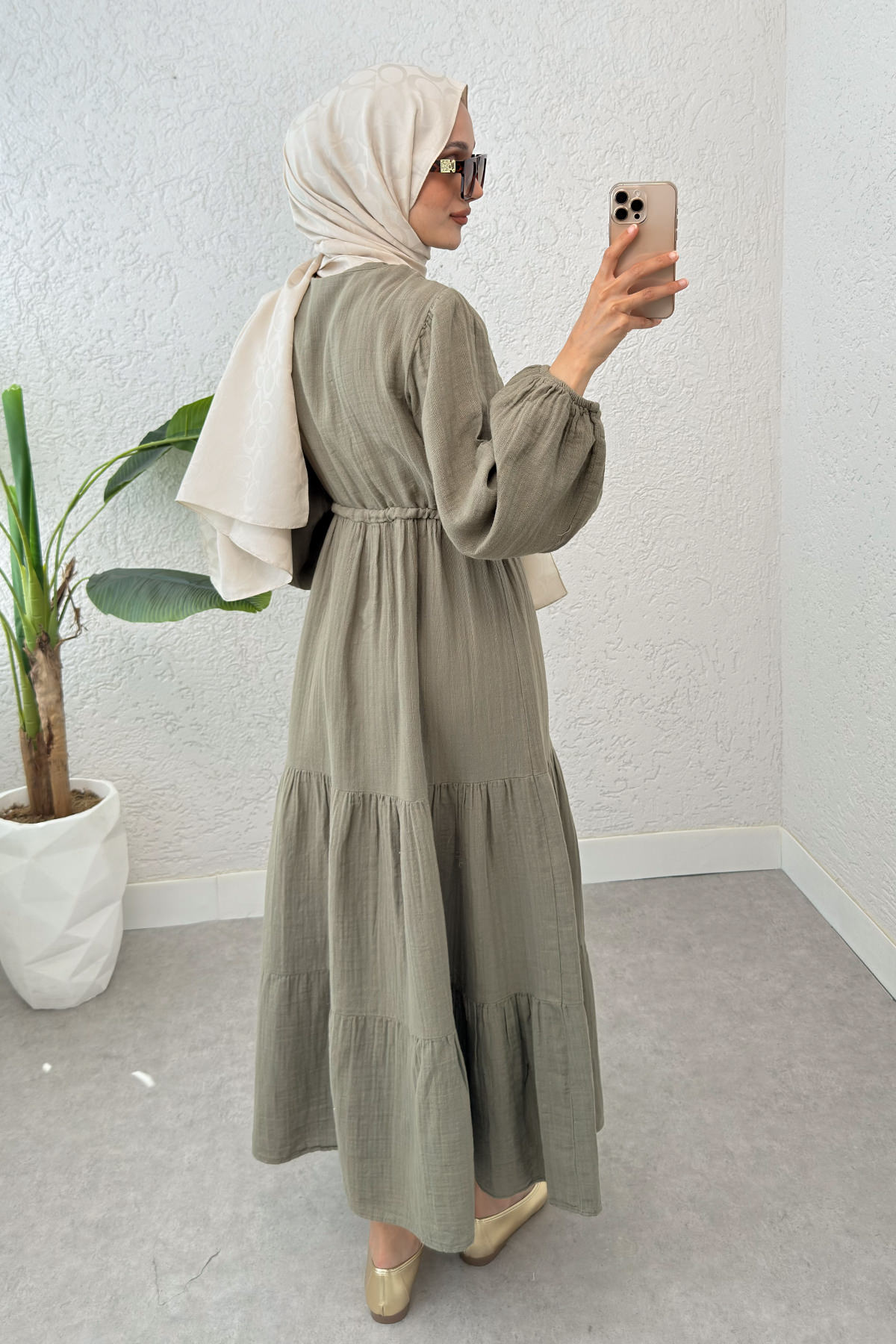 Birit Düğme Detaylı Elbise 2237 - KÜF YEŞİLİ |  