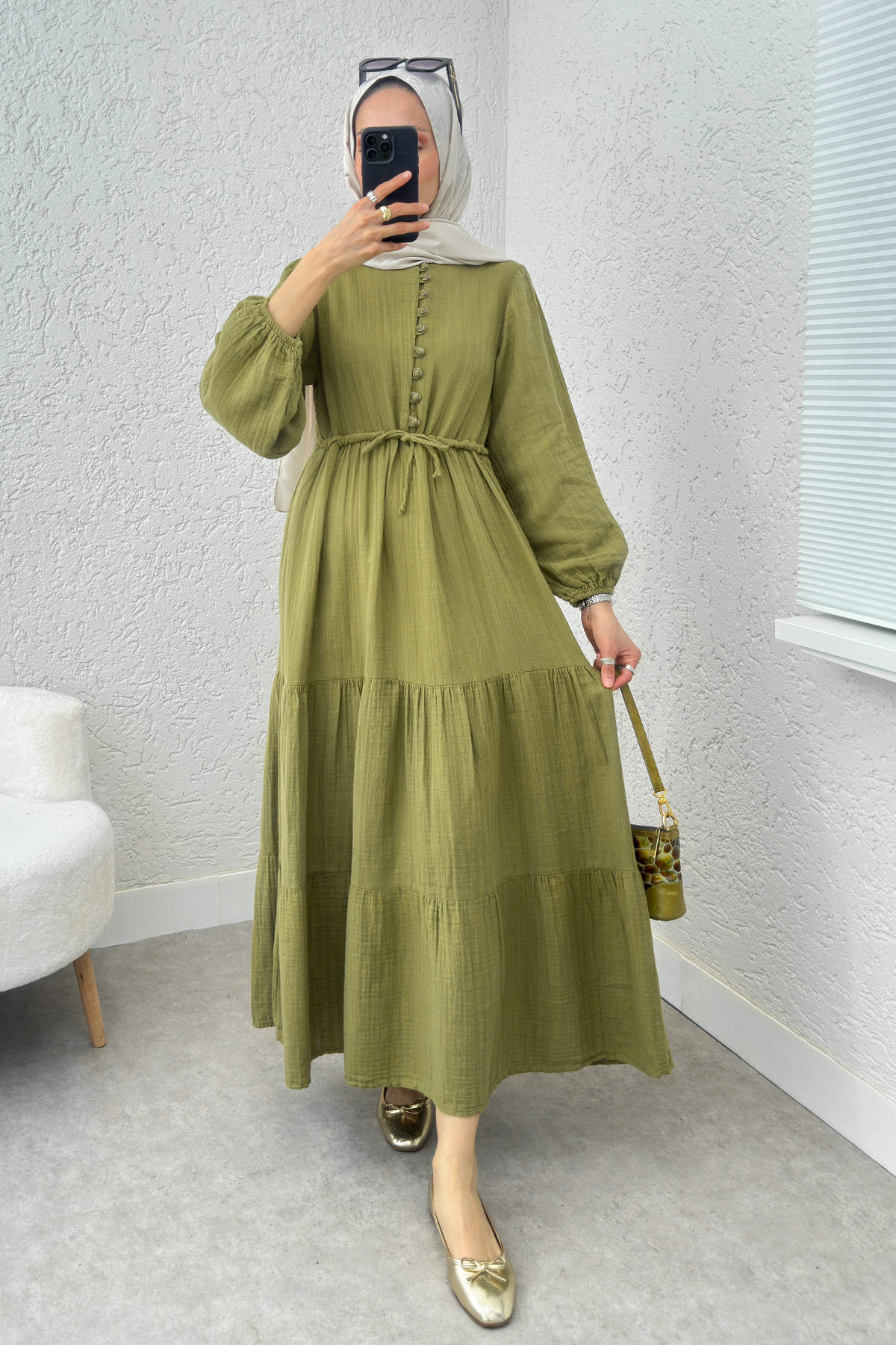 Birit Düğme Detaylı Elbise 2237 - FISTIK YEŞİLİ |  