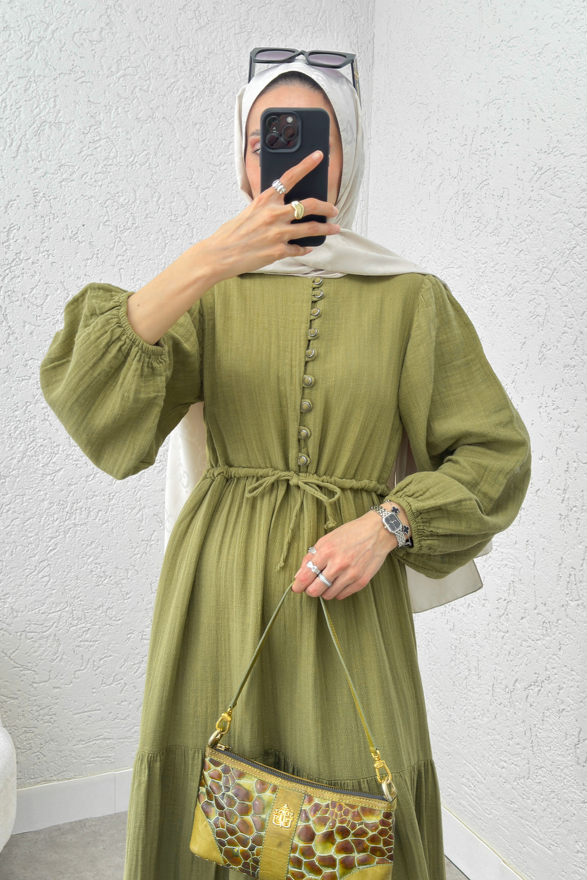 Birit Düğme Detaylı Elbise 2237 - FISTIK YEŞİLİ |  