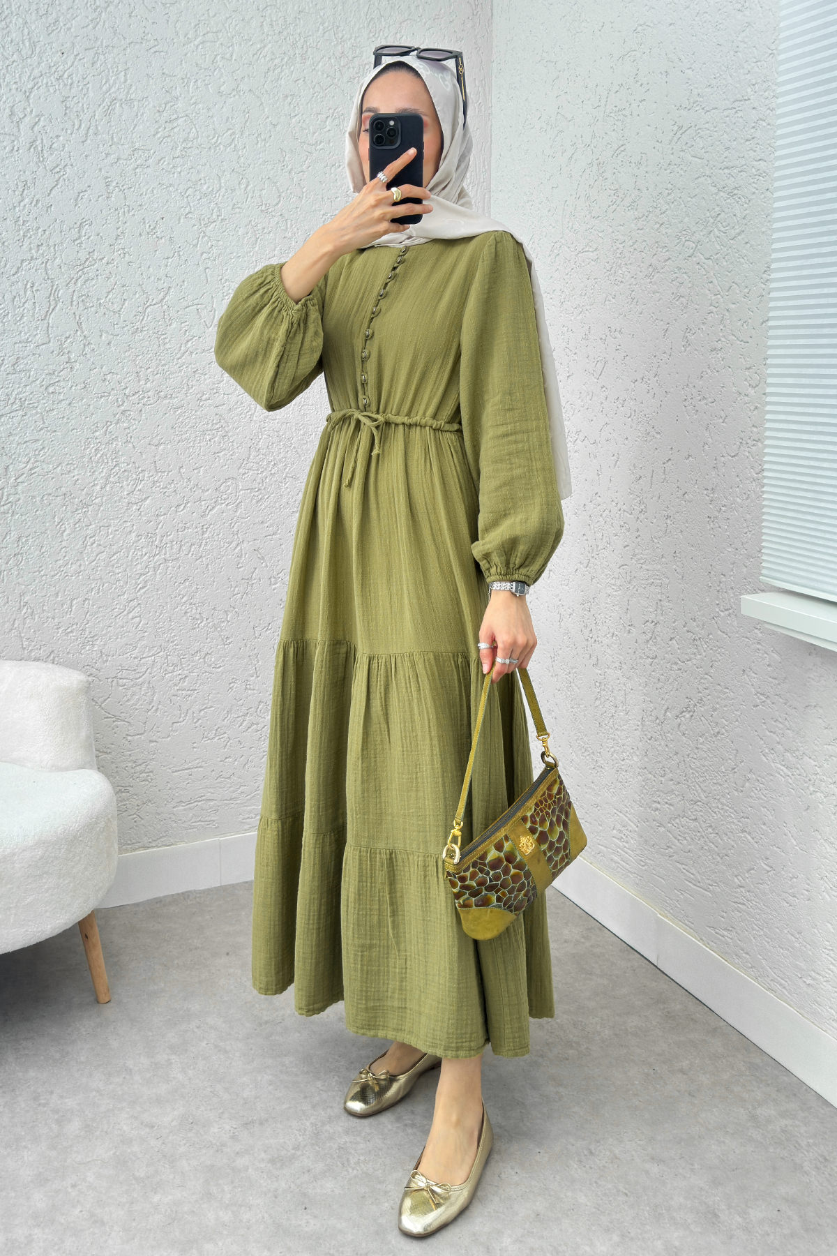 Birit Düğme Detaylı Elbise 2237 - FISTIK YEŞİLİ |  