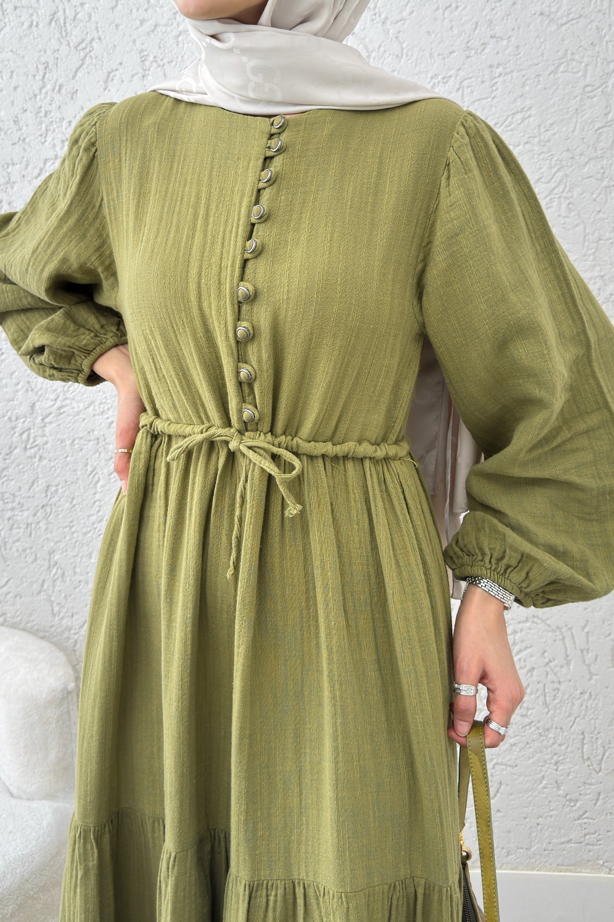 Birit Düğme Detaylı Elbise 2237 - FISTIK YEŞİLİ |  