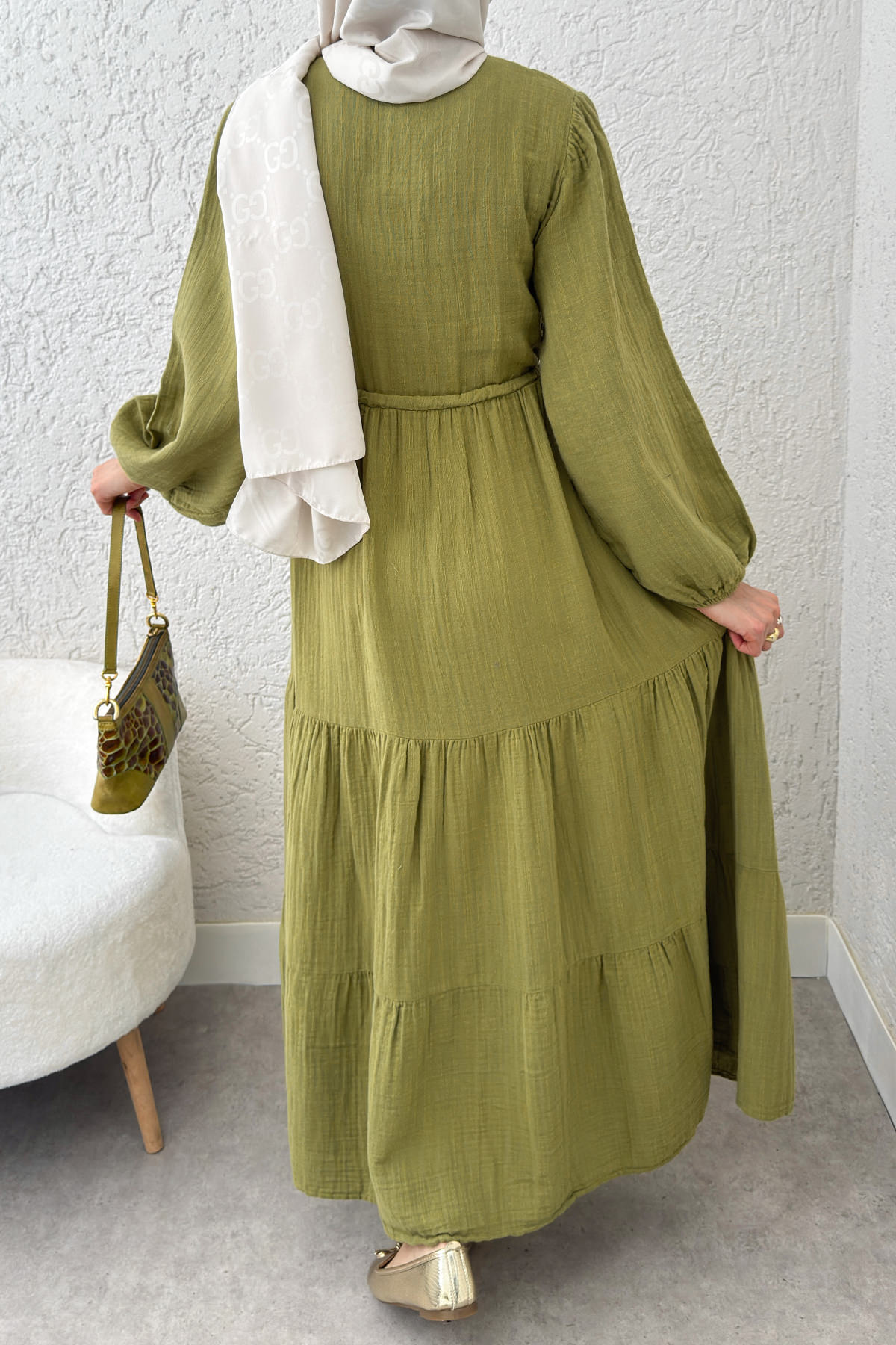 Birit Düğme Detaylı Elbise 2237 - FISTIK YEŞİLİ |  