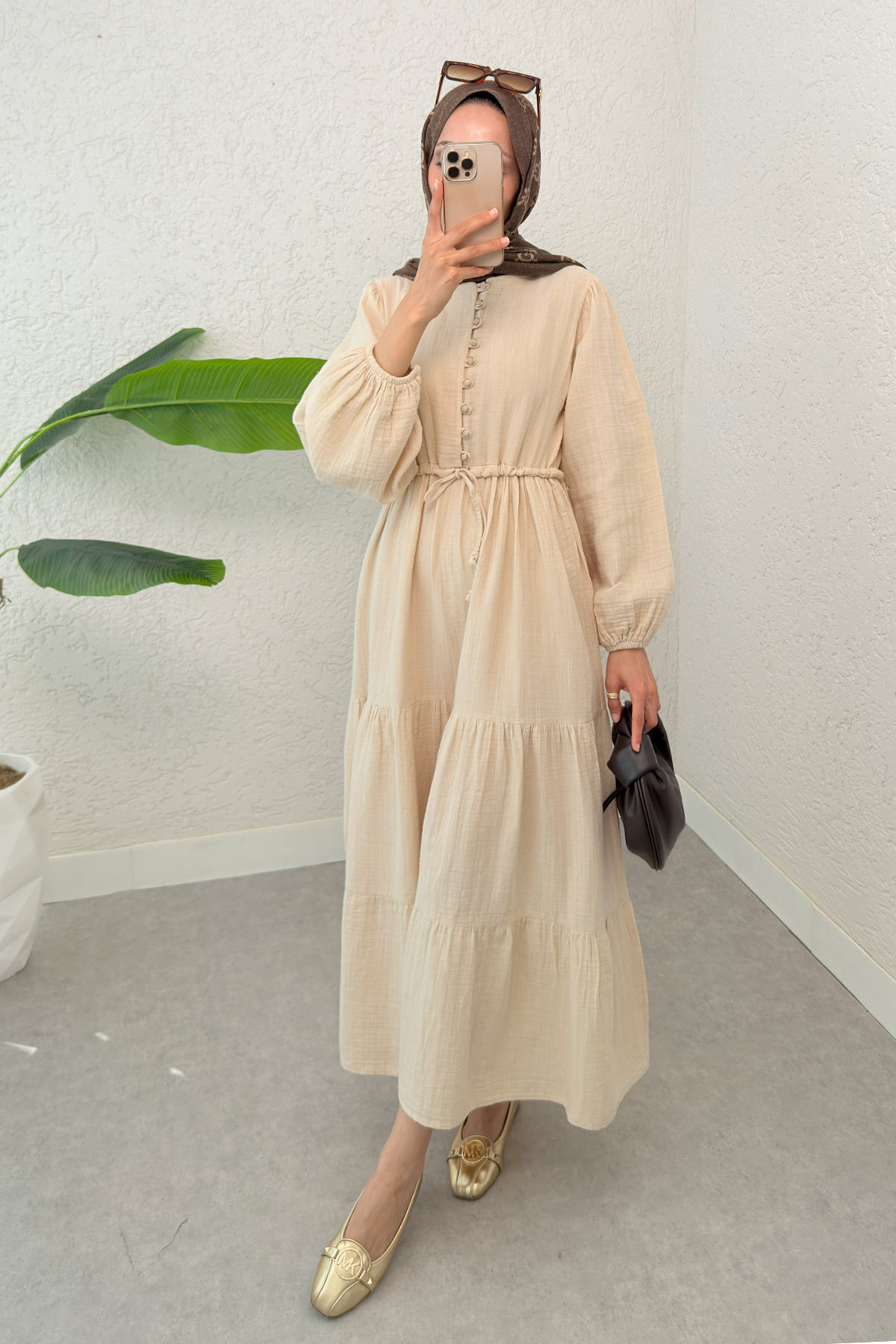 Birit Düğme Detaylı Elbise 2237 - BEj |  