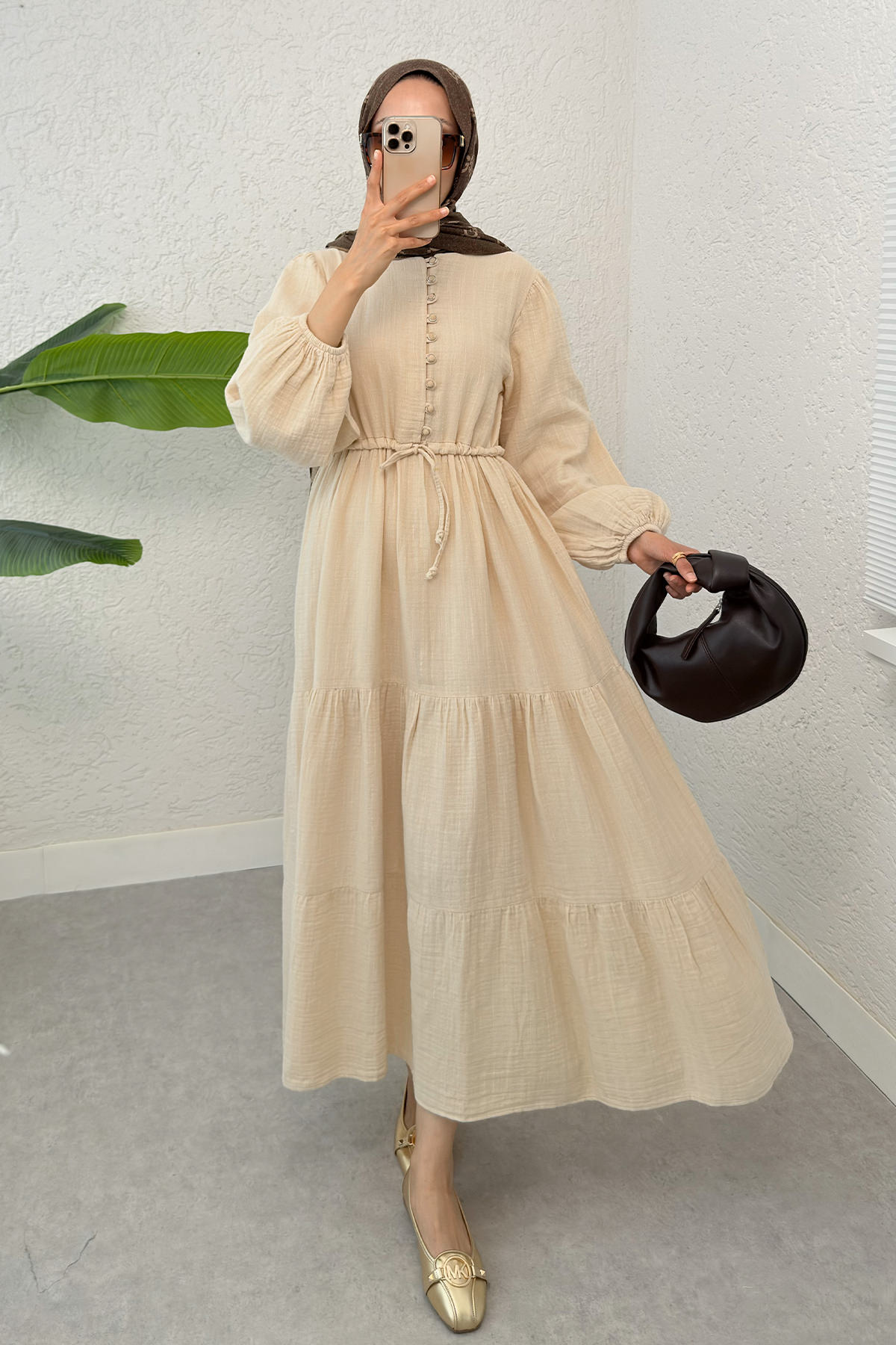 Birit Düğme Detaylı Elbise 2237 - BEj |  