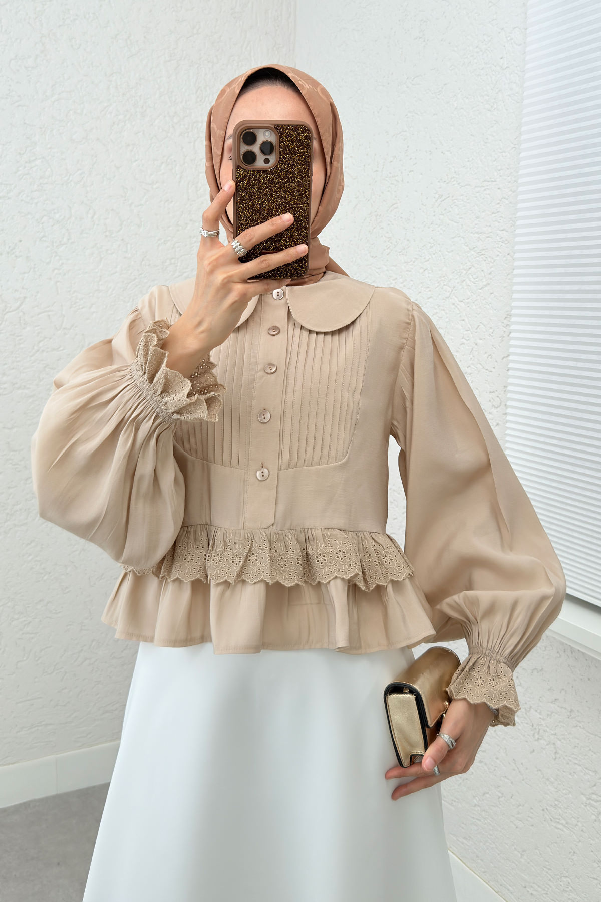 Nervürlü Bebe Yaka Gömlek 2279 - TAŞ RENGİ |  