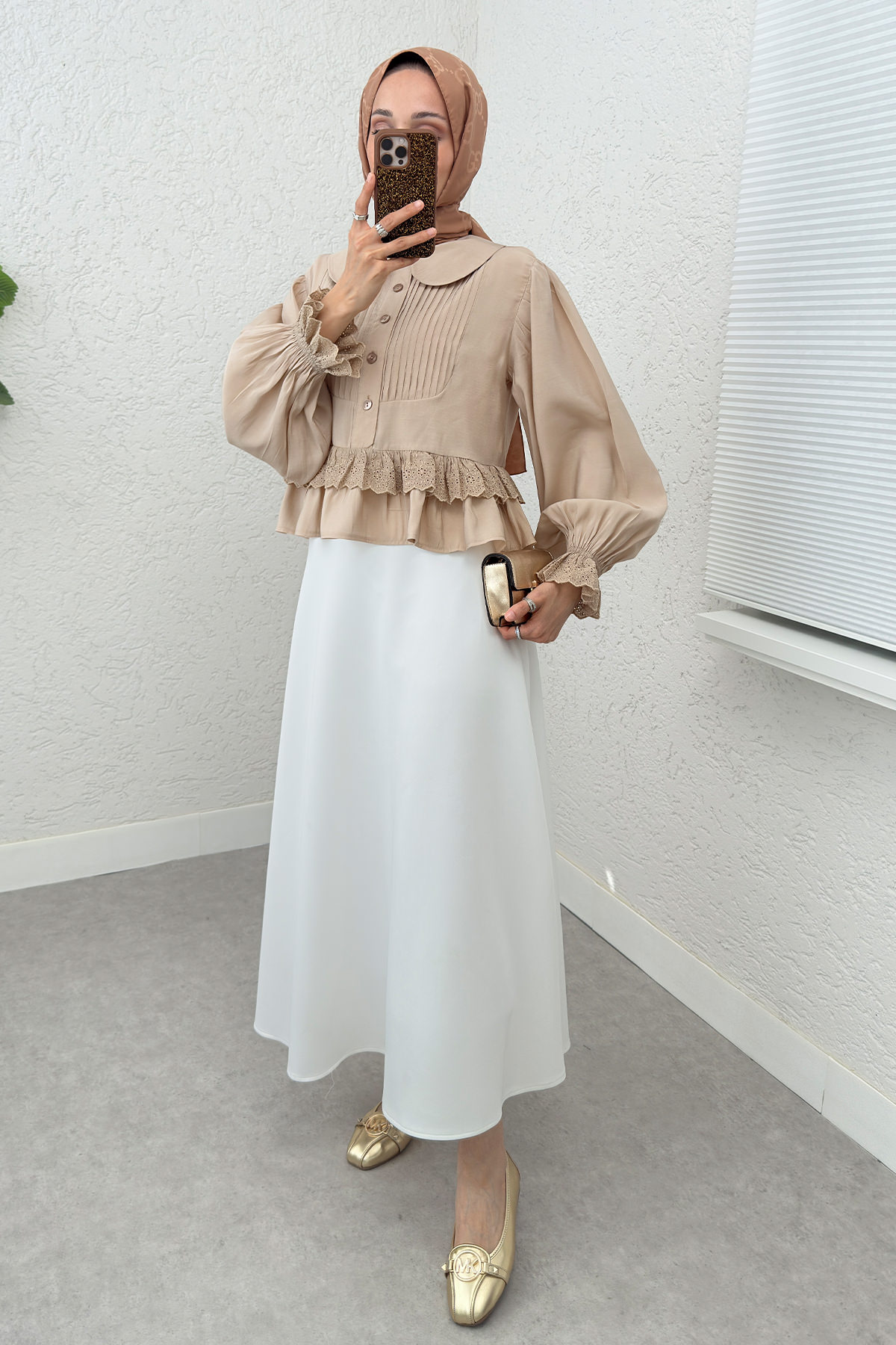 Nervürlü Bebe Yaka Gömlek 2279 - TAŞ RENGİ |  