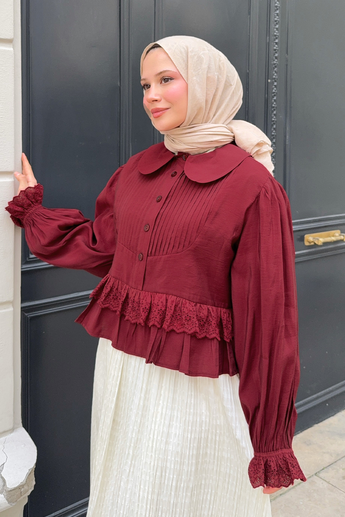 Nervürlü Bebe Yaka Gömlek 2279 - BORDO |  