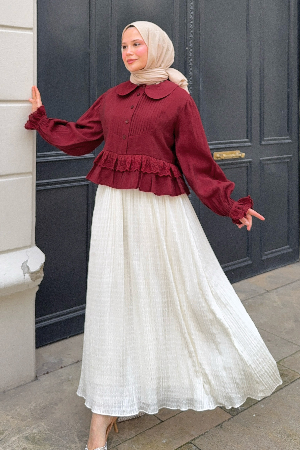 Nervürlü Bebe Yaka Gömlek 2279 - BORDO |  