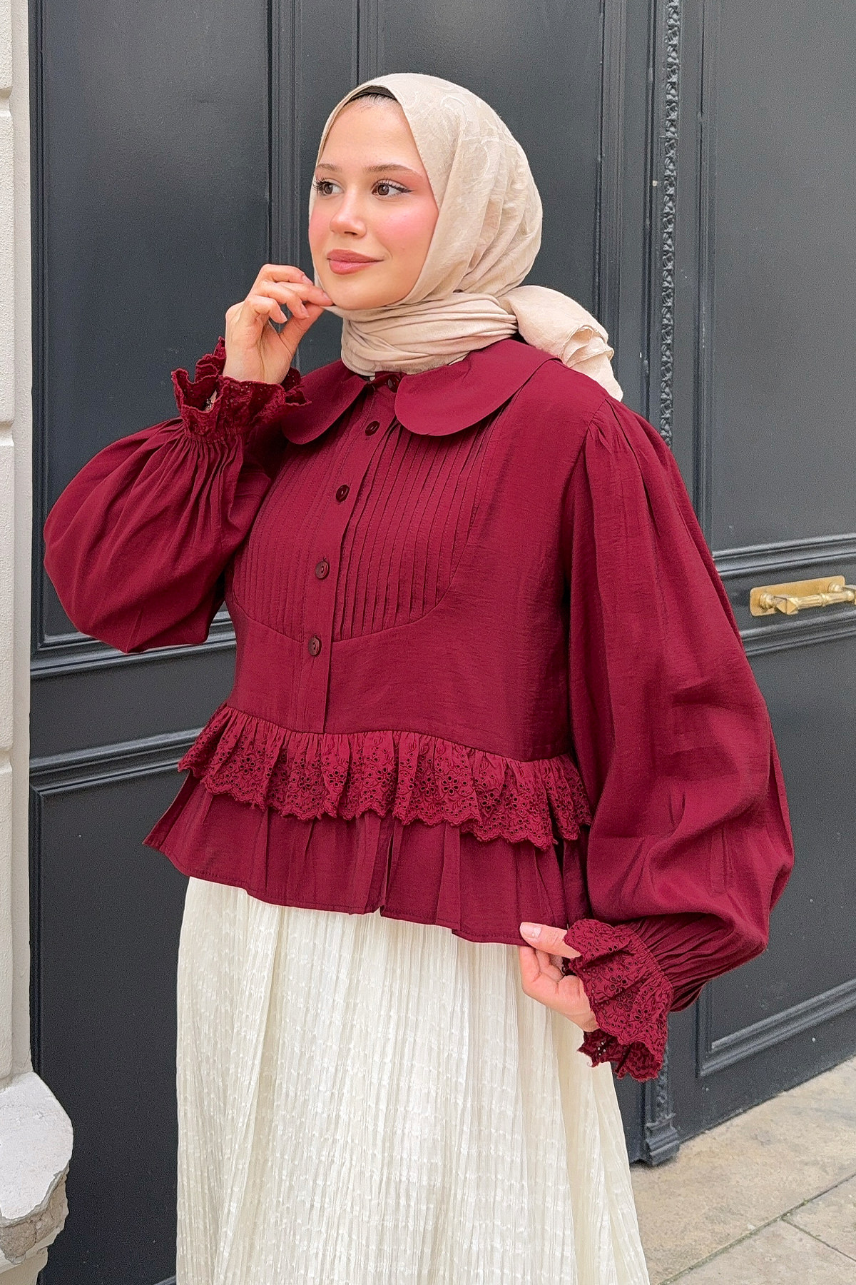 Nervürlü Bebe Yaka Gömlek 2279 - BORDO |  