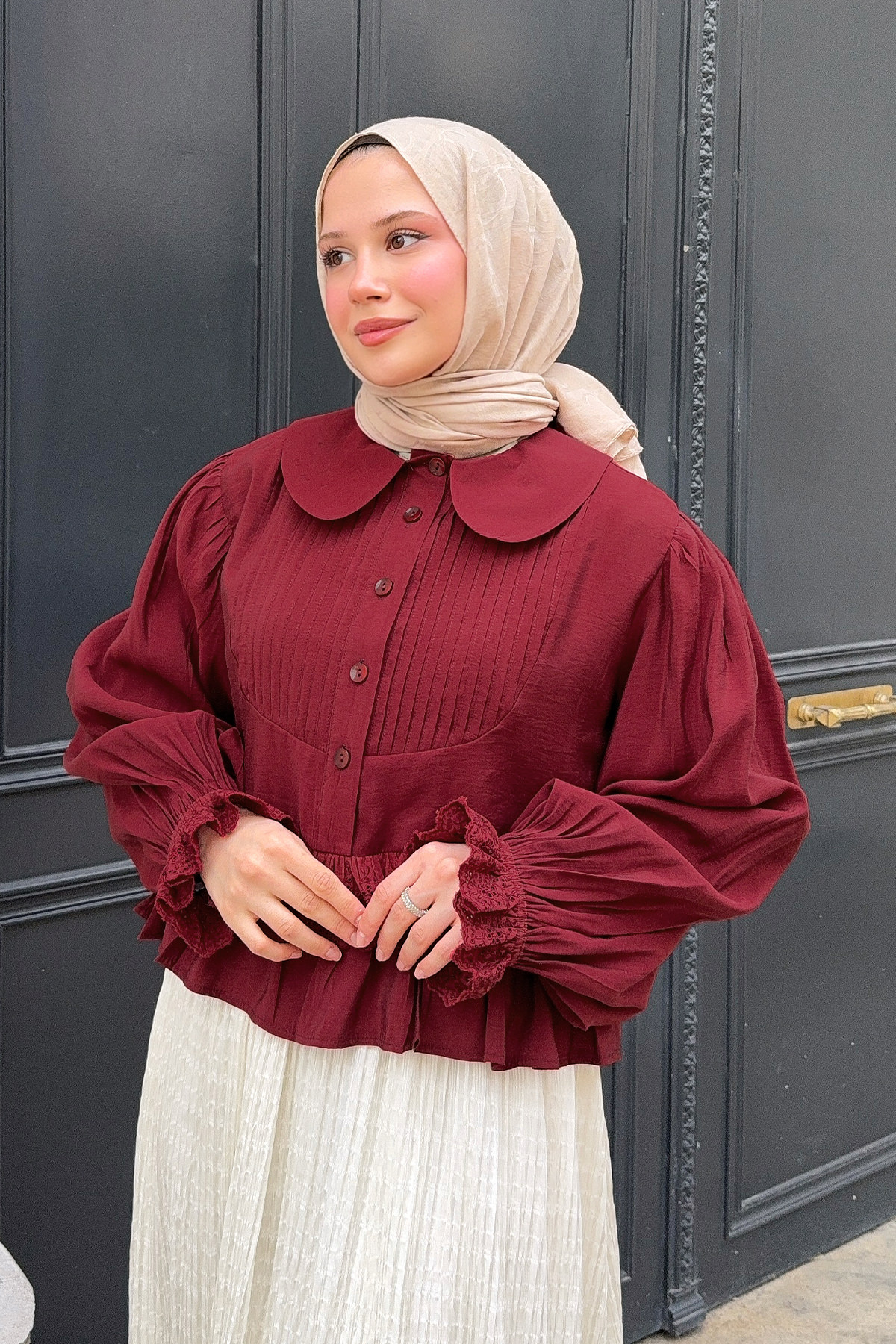 Nervürlü Bebe Yaka Gömlek 2279 - BORDO |  