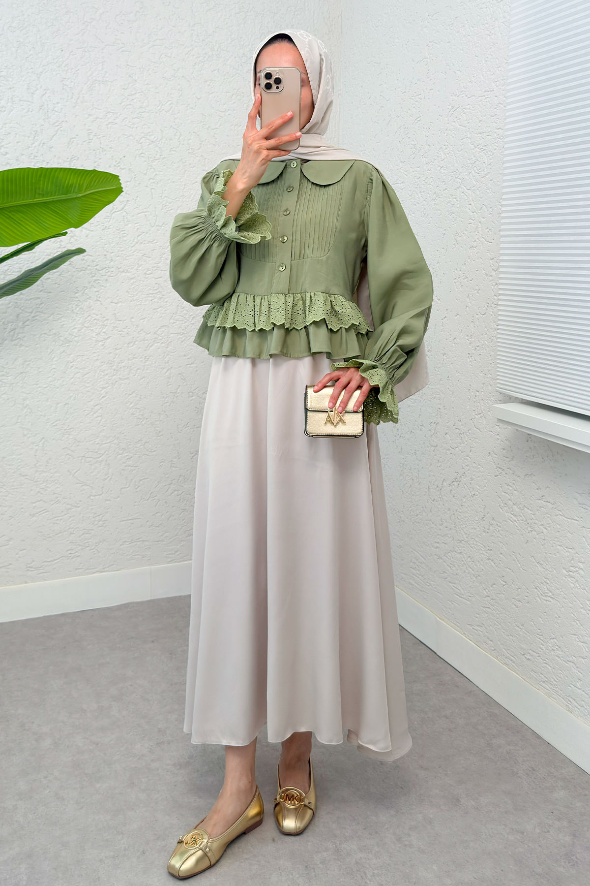 Nervürlü Bebe Yaka Gömlek 2279 - AÇIK HAKİ |  