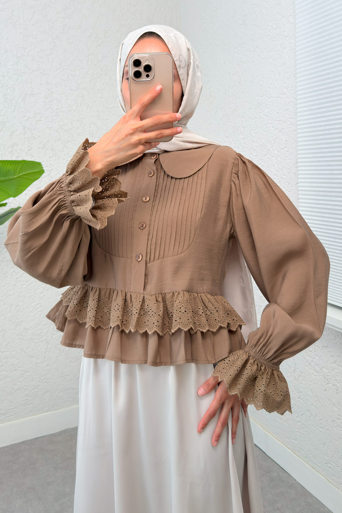 Nervürlü Bebe Yaka Gömlek 2279 - VİZON |  