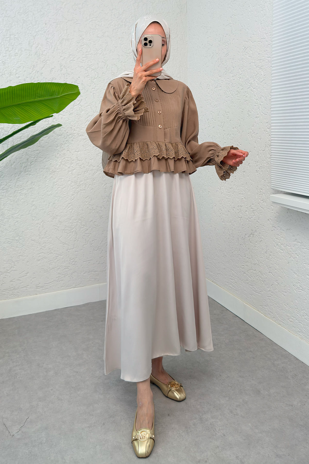 Nervürlü Bebe Yaka Gömlek 2279 - VİZON |  