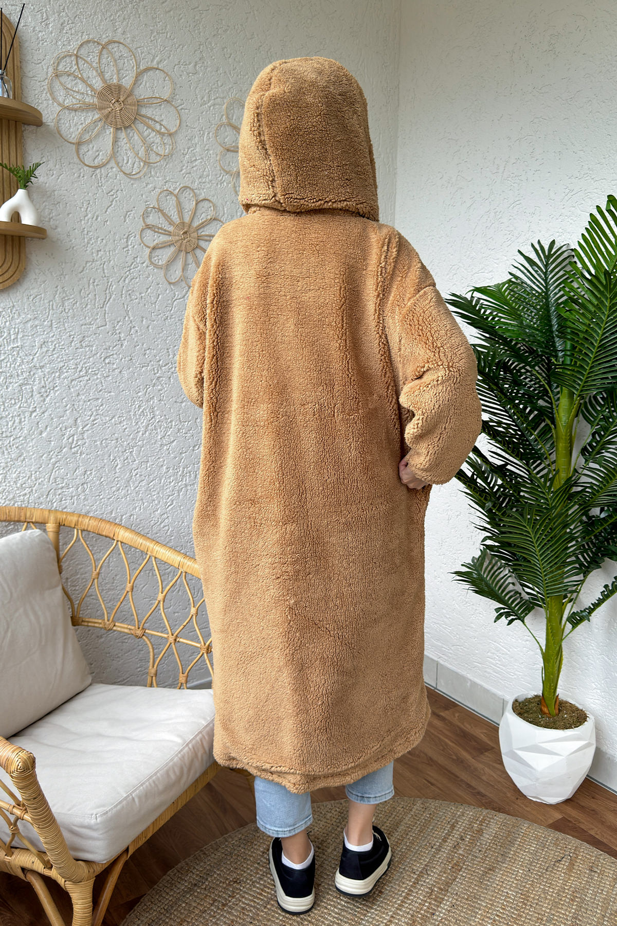 2183 Kapüşonlu Uzun Peluş Kap - CAMEL |  